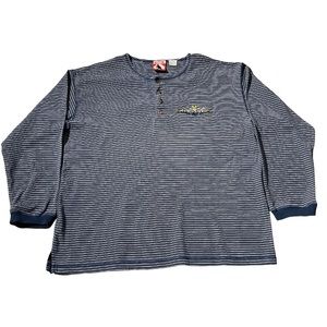 Vintage Mickey Mouse Striped Henley Long Sleeve Shirt Blue White